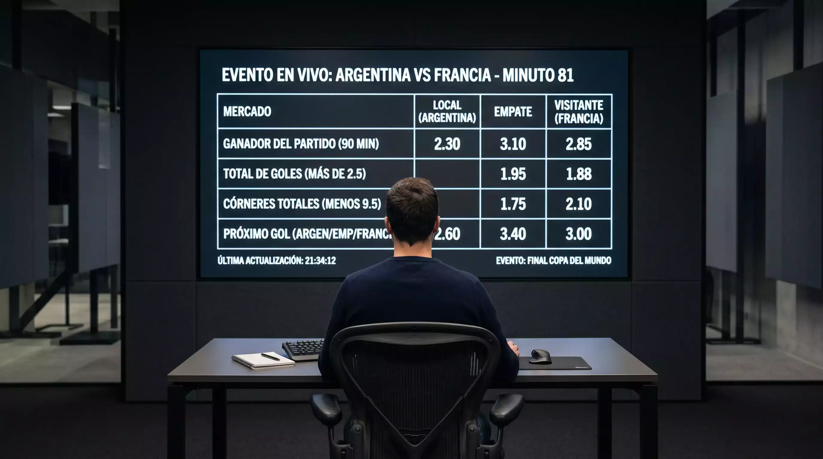 Sala de operaciones de un sportsbook durante el Super Bowl con pantallas mostrando cuotas en vivo