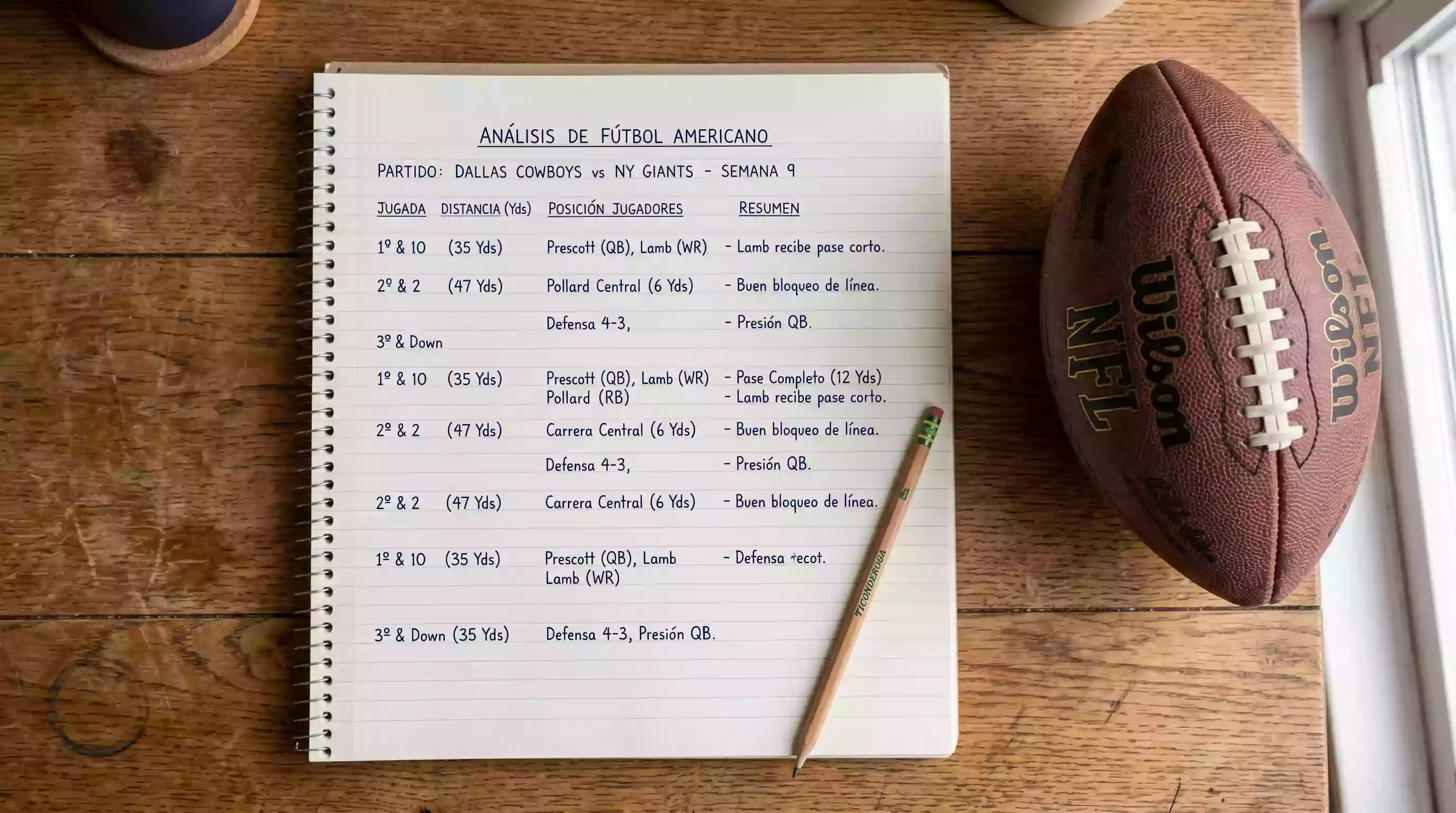 Cuaderno abierto con estadísticas de fútbol americano escritas a mano junto a un balón de fútbol americano