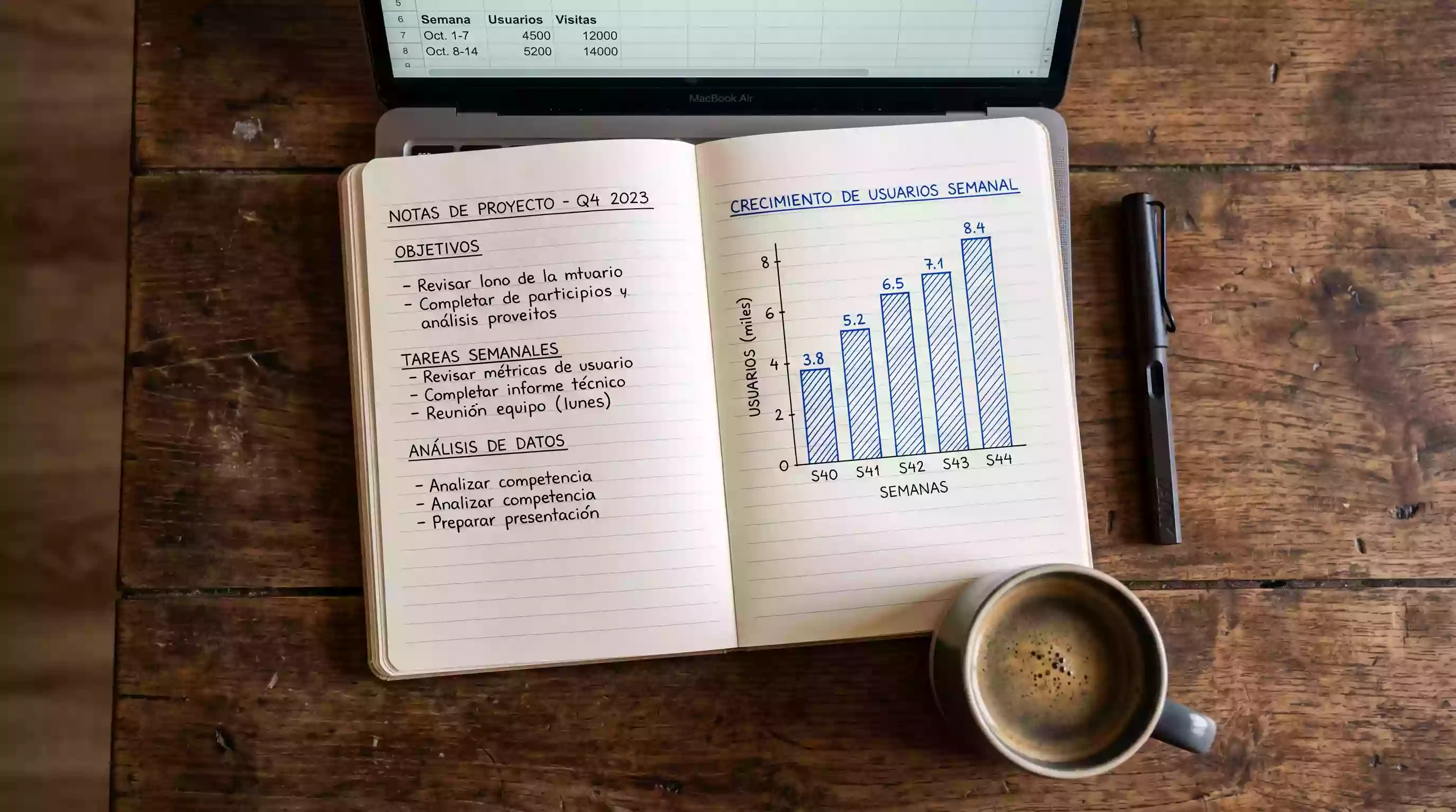 Cuaderno con notas manuscritas de resultados historicos del Super Bowl junto a un boligrafo